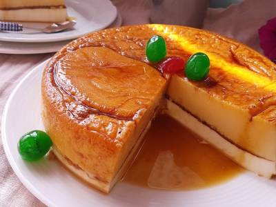 Pastel de flan y mousse de queso